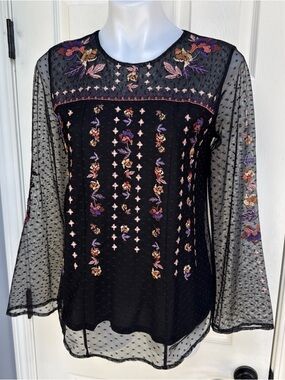 STYLE & CO Boho Western Floral Embroidered Black Sheer Lined Top Bell Sleeve S